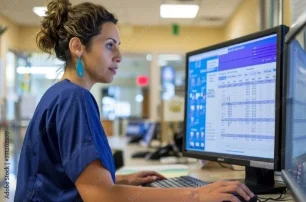 Clinical manager reviewing schedules at computer