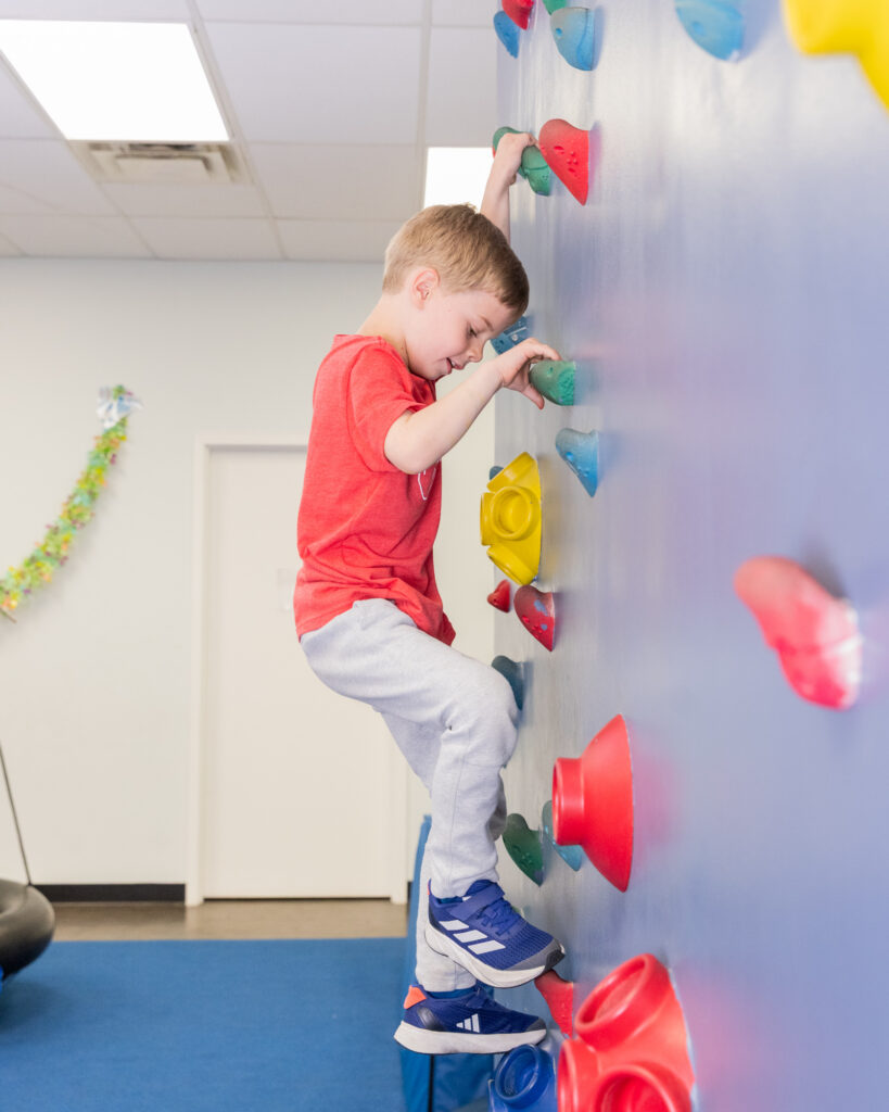 Boy climbing rock wall